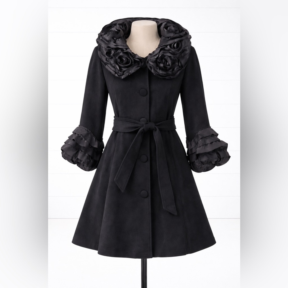 Anthropologie | Ryu – Rosette Collar Wool Blend Coat – Black – Belted – Sz. S